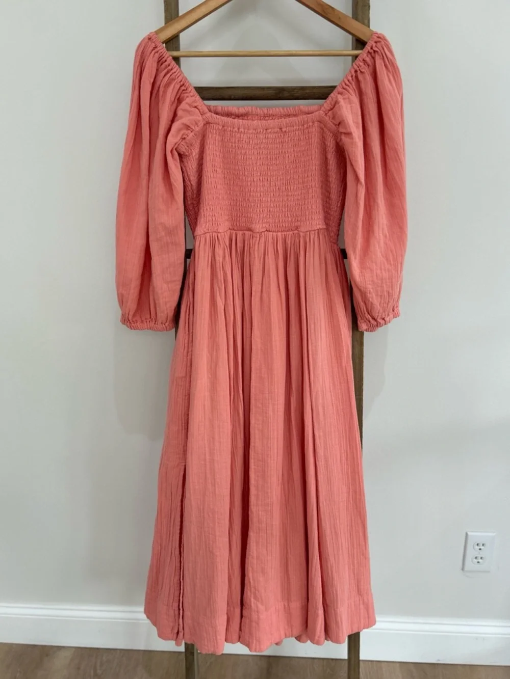 Quince Pink Organic Cotton Gauze Smocked Square Neck MIDI Dress Size S NWT Beach - Picture 8 of 14